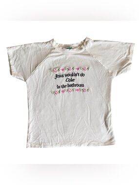 omighty White Statement Tee with Pink Floral Embroidery & Black Text